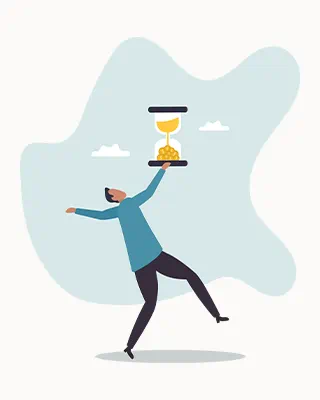 一个手持金色沙子的沙漏的人，象征时间管理和平衡。